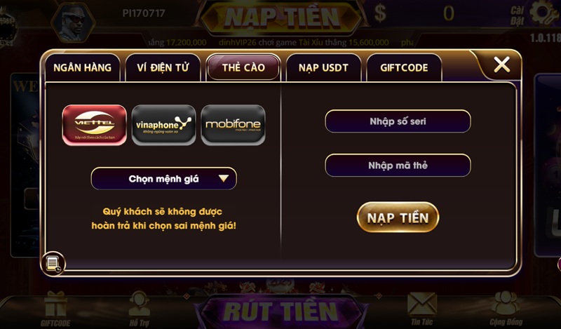 Nạp tiền Vinclub thẻ cào điện thoại