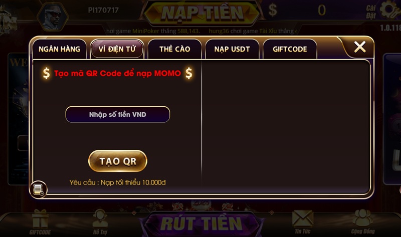 Nạp tiền Vinclub ví điện tử