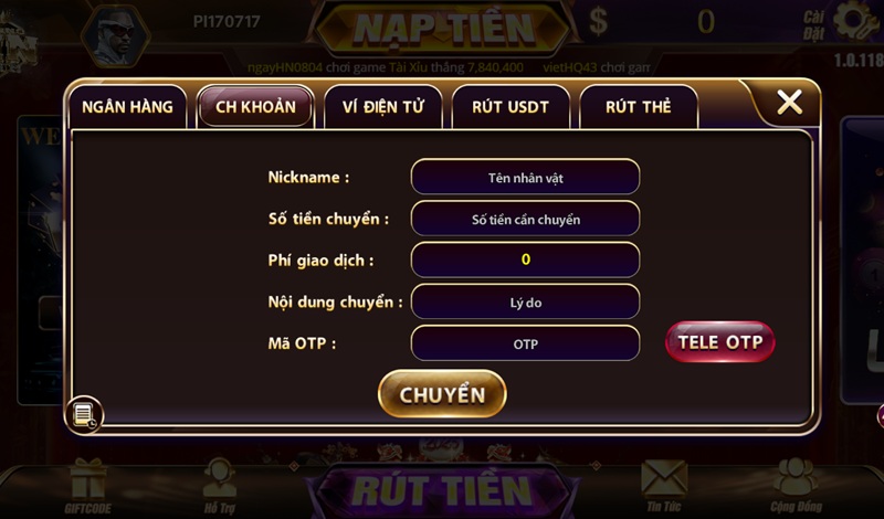 Rút tiền vinclub chuyển khoản